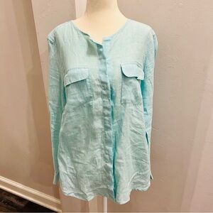 Talbots Light Aqua Button-Front Linen Blouse